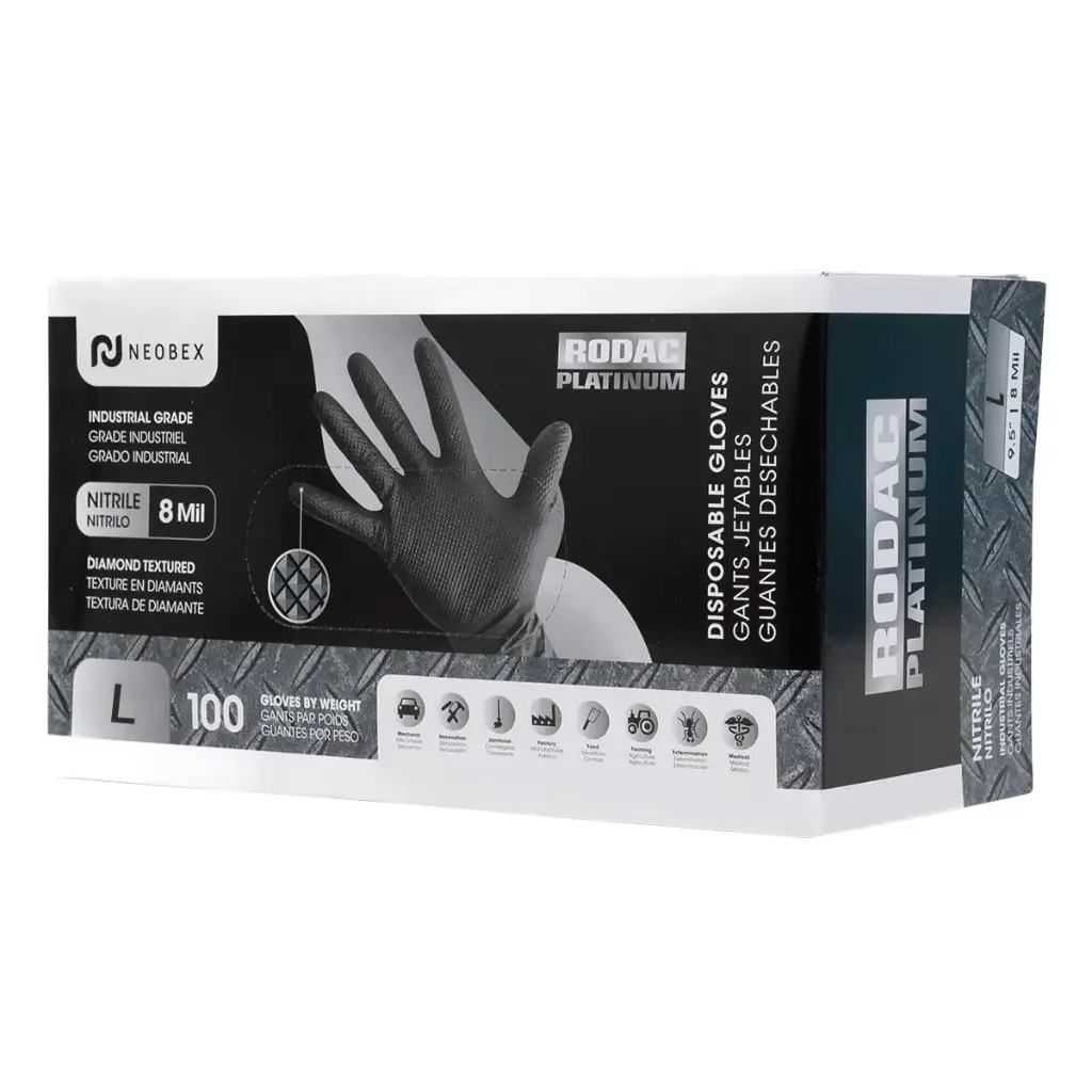 Rodac Platinum RD5555L - Industrial grade nitrile gloves with textured fingertips Black 8 Mil L (100 per Box)
