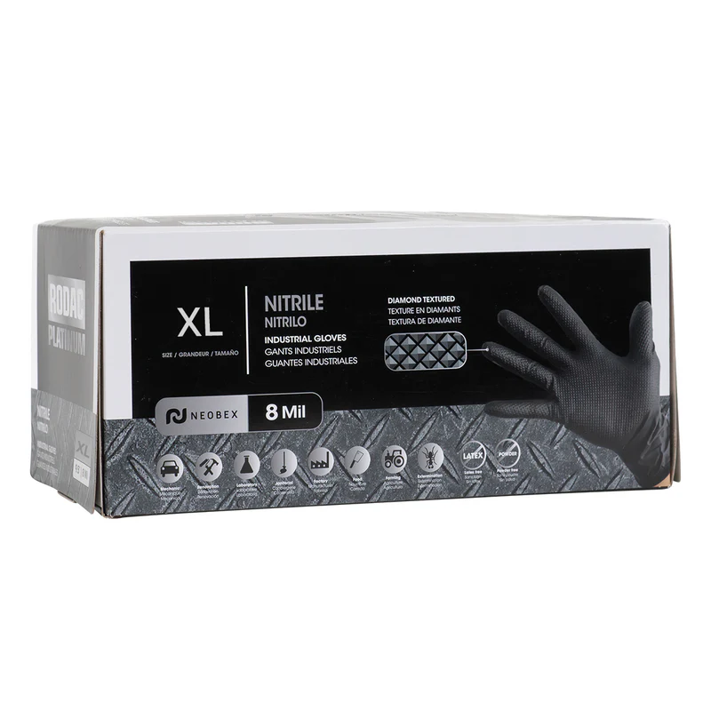 INDUSTRIAL GRADE NITRILE GLOVES WITH TEXTURED FINGERTIPS BLACK - XL (100 per Box)
